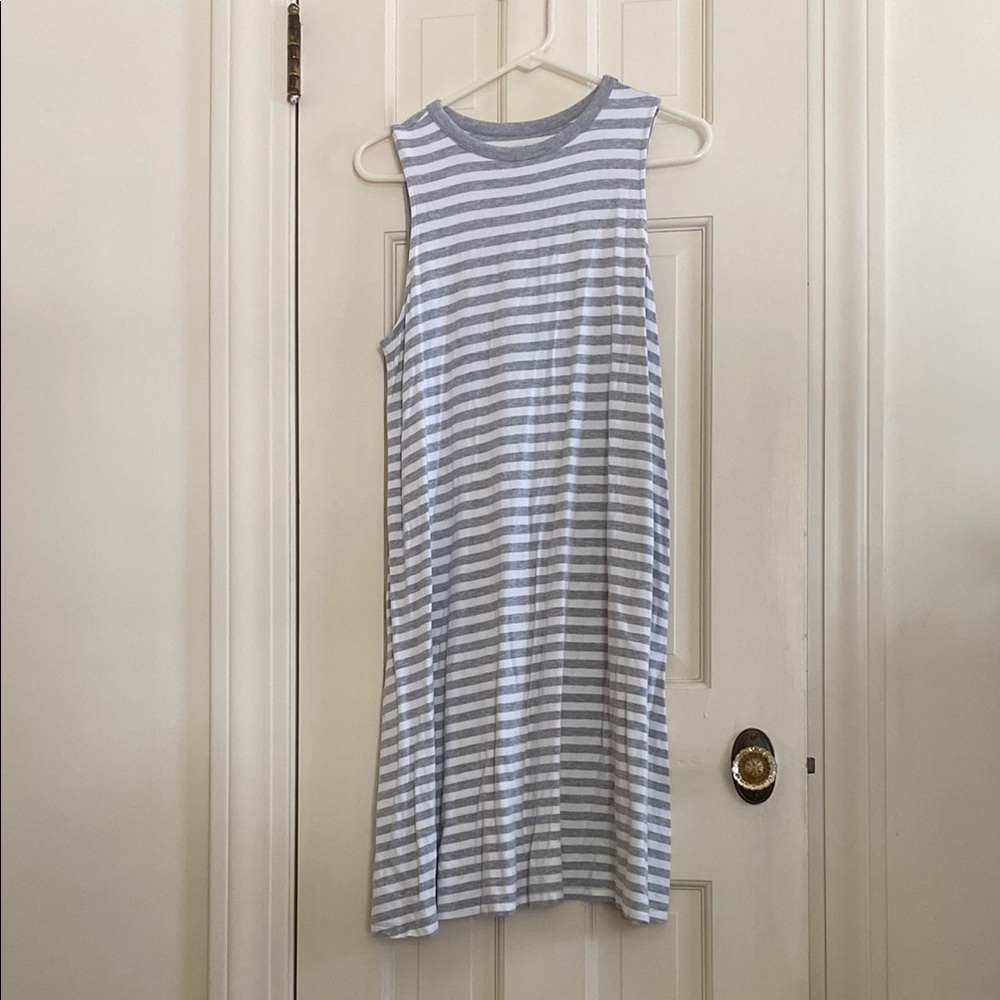 Gray and White Striped Sleeveless Shift Dress